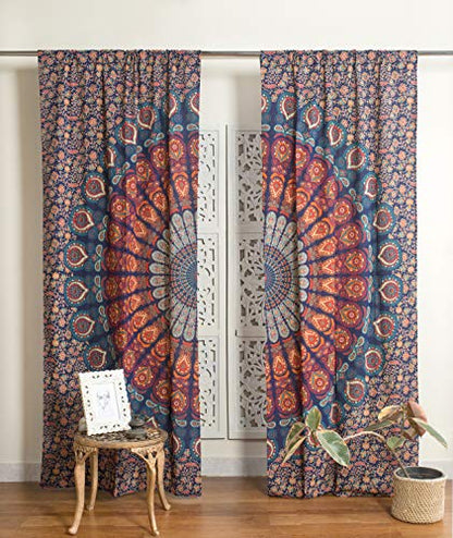 Popular Handicrafts Indian Hippie Bohemian Beautiful Peacock Mandala Curtain Panels Blue Multi - color: Blue Multicolor, size: 38"W x 83"L (Pack of 2)