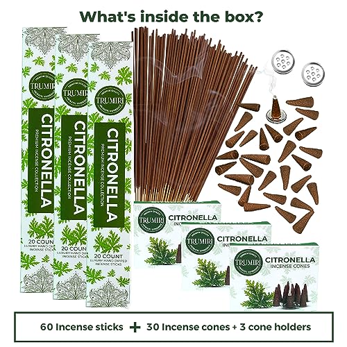 Citronella Incense Sticks & Incense Cones Combo Pack - 60 Insence-Sticks + 30 Insence Cones - Inscense - Incense Cones Scented - Insents - color: Citronella