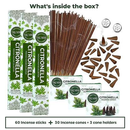 Citronella Incense Sticks & Incense Cones Combo Pack - 60 Insence-Sticks + 30 Insence Cones - Inscense - Incense Cones Scented - Insents - color: Citronella