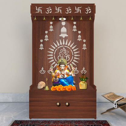 Divine Wooden Home Temple with Spacious Shelf & Inbuilt Focus Light, Temple for Home/Office Large Brown - color: Brown, size: Large