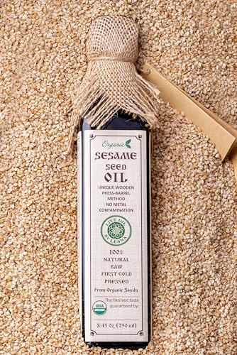 Organic Sesame Seed Oil, Cold-Pressed Raw Non-GMO – 8.45 fl oz (250 ml) | USDA Organic | Unrefined | No Preservatives | Vegan & Keto Friendly