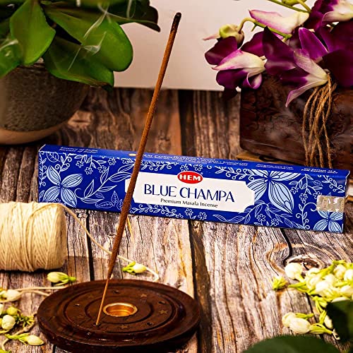 HEM Premium Blue Champa Masala Incense Sticks | Pure Herbs, Wood Powder | Aromatherapy Incense for Stress Relief, Air Purifier & Cleansing | Gift Set - Pack of 12 (15 GMS Each) - size: Blue Champa