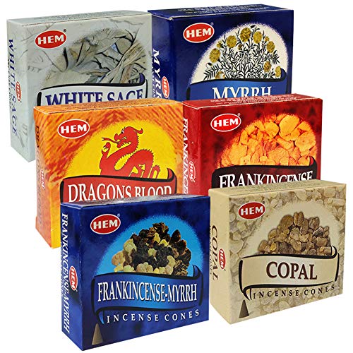 Hem Incense Cones Variety Pack #4 and Inscents-Cones Burner Holder with 6 Most Popular Fragrances - Dragons Blood, Frankincense, Myrrh - Total 60 Scented Cone Incense (6 Scents x 10 Conos) - color: Popular 6b