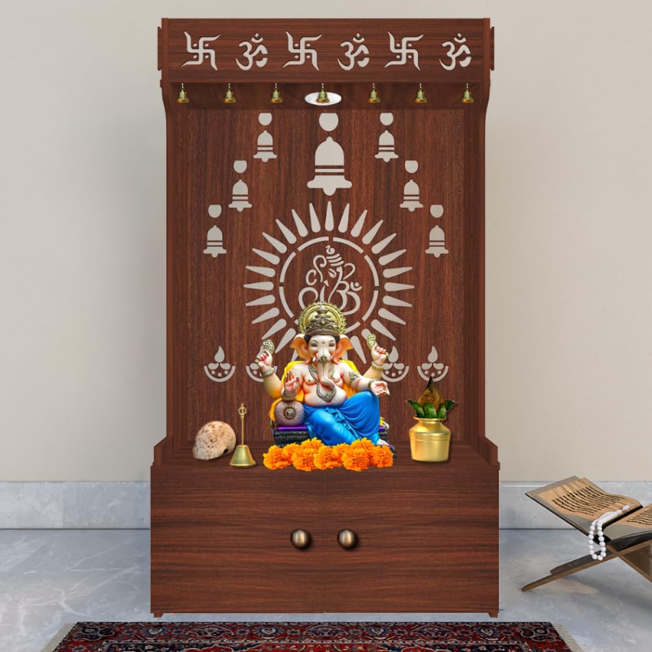 Divine Wooden Home Temple with Spacious Shelf & Inbuilt Focus Light, Temple for Home/Office Large Brown - color: Brown, size: Large