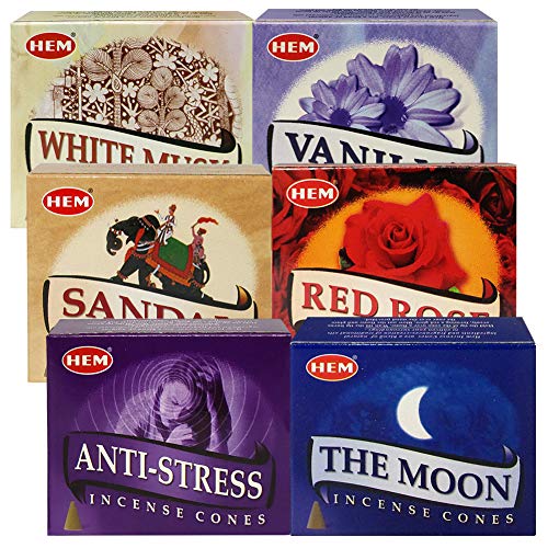 Hem Incense Cones Variety Pack #6 and Cone Incense Burner Bundle with 6 Most Admired Fragrances - color: Popular 6d