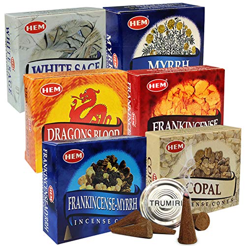 Hem Incense Cones Variety Pack #4 and Inscents-Cones Burner Holder with 6 Most Popular Fragrances - Dragons Blood, Frankincense, Myrrh - Total 60 Scented Cone Incense (6 Scents x 10 Conos) - color: Popular 6b