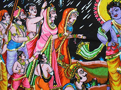 Krishna lifting Goverdhan Batik Cotton Wall Hanging Painting : Size 43"x30" Inches - color: Goverdhan