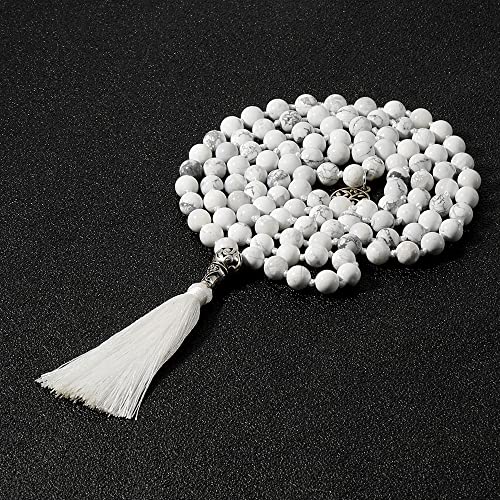 108 Mala Prayer Beads Necklace Natural Stones Meditation Yoga Jewery 108 Hand Knotted Japa Mala Beaded Long Tassel Necklace with Tree of Life Pendant for Men and Women - color: 8mm Howlite