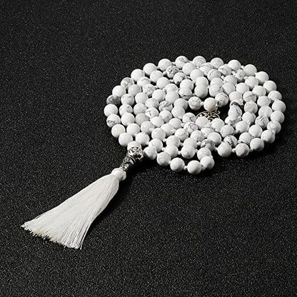 108 Mala Prayer Beads Necklace Natural Stones Meditation Yoga Jewery 108 Hand Knotted Japa Mala Beaded Long Tassel Necklace with Tree of Life Pendant for Men and Women - color: 8mm Howlite