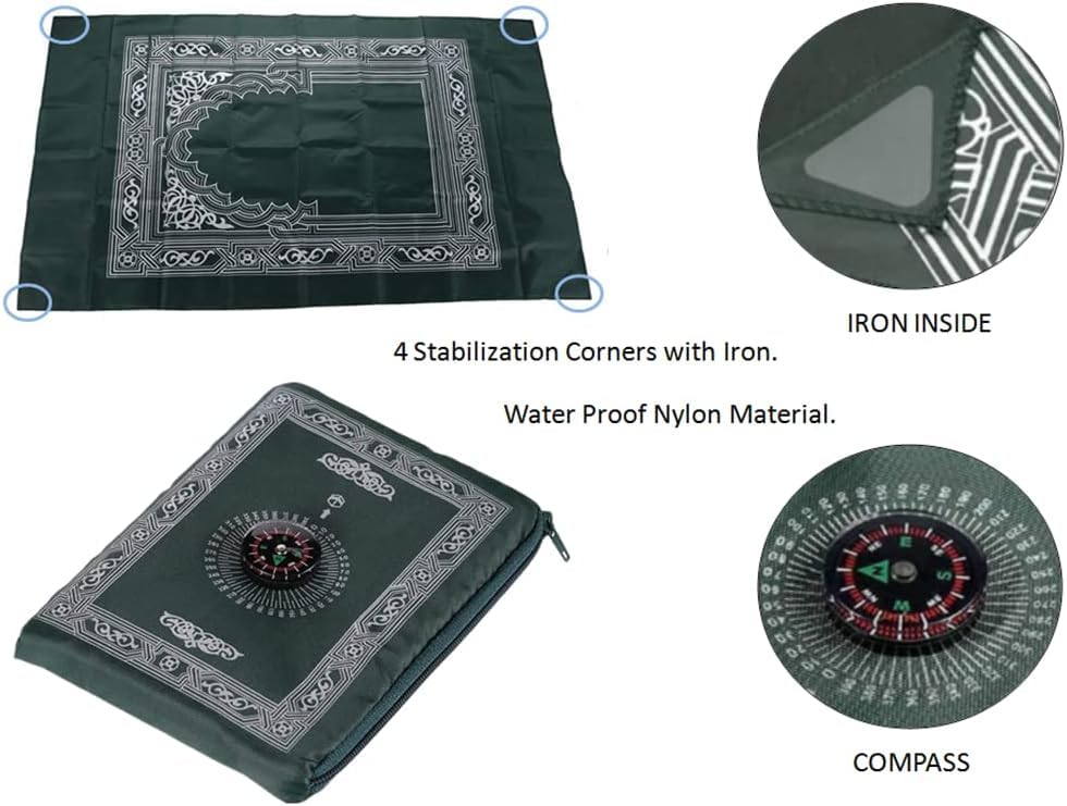 1 Piece Travel Prayer Mat with Compass,Muslim Prayer Carpet,with Compass Pocket Sized Carry Bag,Muslim Travel Prayer Mat and Attached Compass,Islamic Prayer Rug,Green