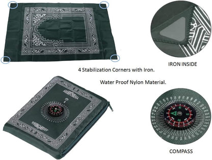 1 Piece Travel Prayer Mat with Compass,Muslim Prayer Carpet,with Compass Pocket Sized Carry Bag,Muslim Travel Prayer Mat and Attached Compass,Islamic Prayer Rug,Green