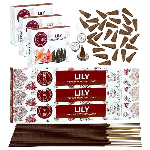 Lily Incense Sticks & Incense Cones Combo Pack - 60 Insence-Sticks + 30 Insence Cones - Inscense - Incense Cones Scented - Insents - color: Lily