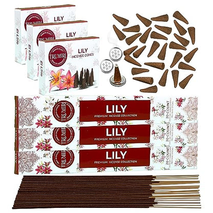 Lily Incense Sticks & Incense Cones Combo Pack - 60 Insence-Sticks + 30 Insence Cones - Inscense - Incense Cones Scented - Insents - color: Lily