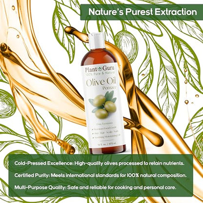 Plant Guru Olive Oil Pomace 16 fl. oz. 100% Pure Natural Carrier Moisturizer For Skin, Body, Face And Hair Growth. Great For DIY Soap Making, Cosmetics and Massage. - size: 16 Fl Oz (Pack of 1)