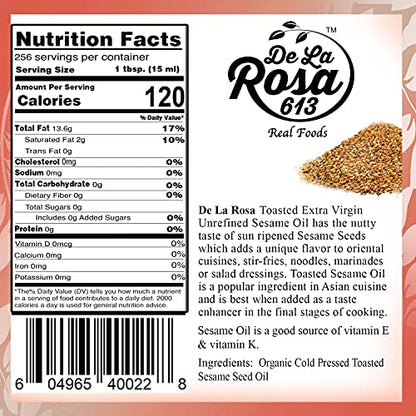 De La Rosa Organic Toasted Sesame Oil, Cold Pressed & Unrefined (1 Gallon) - size: 128 Fl Oz (Pack of 1)