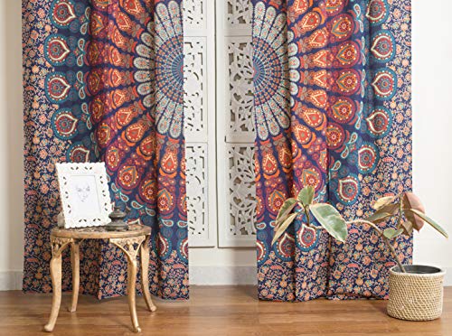 Popular Handicrafts Indian Hippie Bohemian Beautiful Peacock Mandala Curtain Panels Blue Multi - color: Blue Multicolor, size: 38"W x 83"L (Pack of 2)