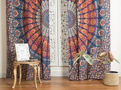 Popular Handicrafts Indian Hippie Bohemian Beautiful Peacock Mandala Curtain Panels Blue Multi - color: Blue Multicolor, size: 38"W x 83"L (Pack of 2)