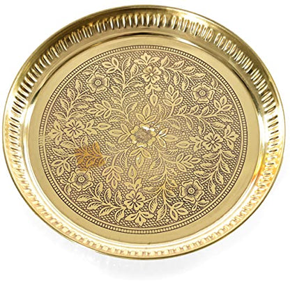 Decorative Brass Flower Design Pooja Thali Set of 4 Pcs,Indian Traditional Brass Pooja 1 Plate with 1 Bowl, 1 Glass and 1 Spoon for Temple and Home Bhog Thali Set Gift (Size:-8'')(Golden) - size: 7 Inches
