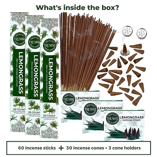 Lemongrass Incense Sticks & Incense Cones Combo Pack - 60 Insence-Sticks + 30 Insence Cones - Inscense - Incense Cones Scented - Insents - color: Lemongrass