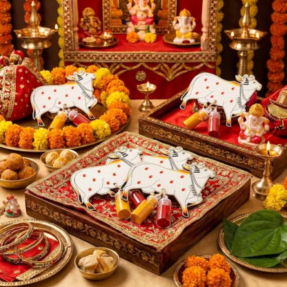 10 Pack Pichwai Cow Haldi Kumkum Holders Gifts Bulk with Empty Mini Glass Jar Pasupu Sindoor Set Return Gift for Varalakshmi Vratam, Diwali, Pooja, Indian Wedding, Housewarming Favor Traditional Puja