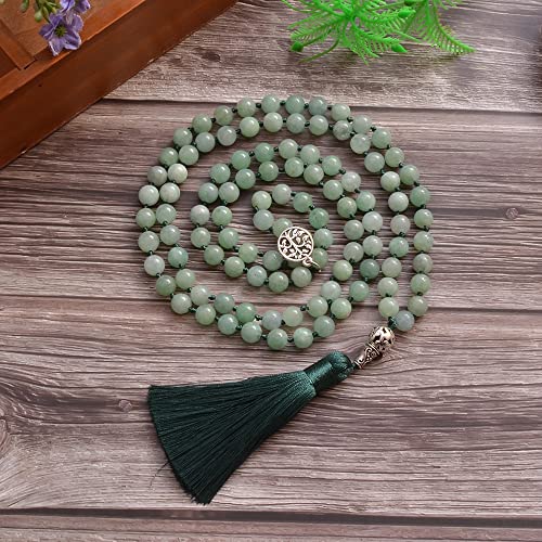 108 Mala Prayer Beads Necklace Natural Stones Meditation Yoga Jewery 108 Hand Knotted Japa Mala Beaded Long Tassel Necklace with Tree of Life Pendant for Men and Women - color: Burma jade