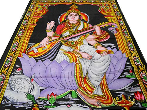 Goddess Saraswati batik sequins Cotton Wall Hanging yoga Painting : Size 43"x30" Inches - color: Saraswati