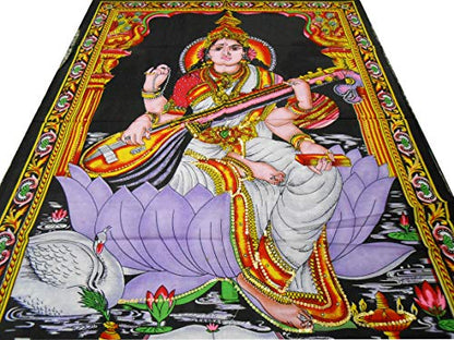 Goddess Saraswati batik sequins Cotton Wall Hanging yoga Painting : Size 43"x30" Inches - color: Saraswati