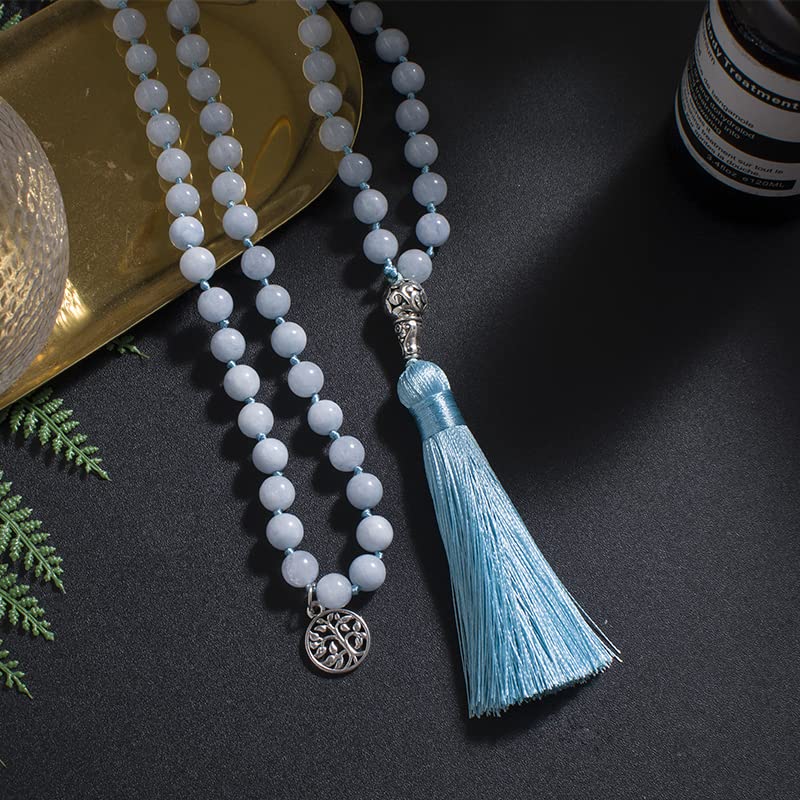 108 Mala Prayer Beads Necklace Natural Stones Meditation Yoga Jewery 108 Hand Knotted Japa Mala Beaded Long Tassel Necklace with Tree of Life Pendant for Men and Women - color: Aquamarine