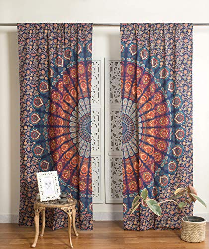 Popular Handicrafts Indian Hippie Bohemian Beautiful Peacock Mandala Curtain Panels Room Divider Blue - color: Blue Multicolor, size: 25"W x 74"L (Pack of 2)