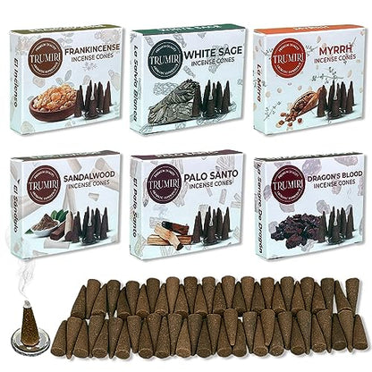 Trumiri Woody Incense Cones - Variety Pack - Total 60 Cone Incense (6 Scents x 10 Conos) - White Sage, Palo Santo, Dragons Blood, Sandalwood - Inscents-Cones Scented - Insense Cones - Incent Cone - color: Woody