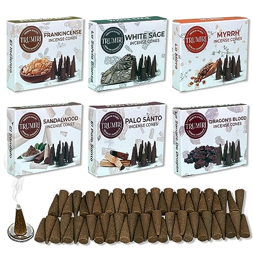 Trumiri Woody Incense Cones - Variety Pack - Total 60 Cone Incense (6 Scents x 10 Conos) - White Sage, Palo Santo, Dragons Blood, Sandalwood - Inscents-Cones Scented - Insense Cones - Incent Cone - color: Woody