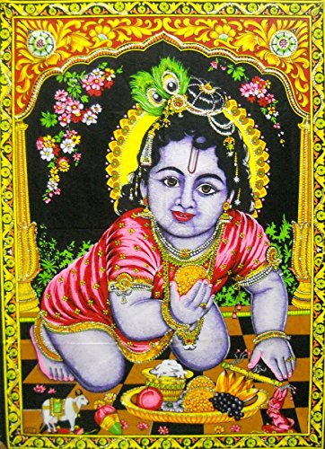 Ladoo Gopal Cotton sequin sitara batik Wall Hanging Painting : Size 43"x30" Inches - color: Laddoo Gopal - Bal Krishna