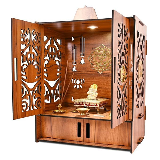 Wooden Temple Mandir for Home with Door Cabinets | Beautiful Pooja Unit with Storage Space | with LED Light and Wall Mounts | Elegant Pooja Mandir for Home Big Size(H-17.3, L-11, B-10.6 inch)