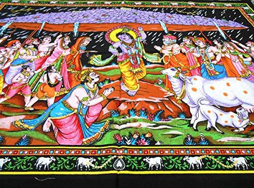Krishna lifting Goverdhan Batik Cotton Wall Hanging Painting : Size 43"x30" Inches - color: Goverdhan