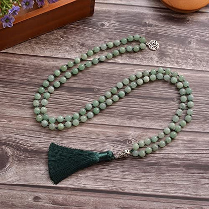 108 Mala Prayer Beads Necklace Natural Stones Meditation Yoga Jewery 108 Hand Knotted Japa Mala Beaded Long Tassel Necklace with Tree of Life Pendant for Men and Women - color: Burma jade