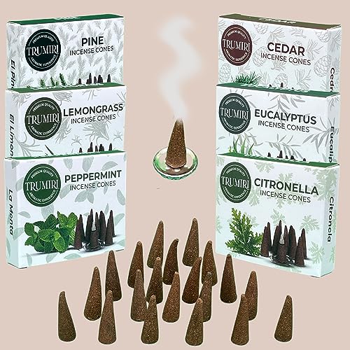 TRUMIRI Leafy Incense Cones - Variety Pack - Total 60 Cone Incense (6 Scents x 10 Conos) - Citronella Lemongrass Eucalyptus Peppermint Cedar Pine - Cone Incense Scents - Insense Cones - Incent Cone - color: Leafy