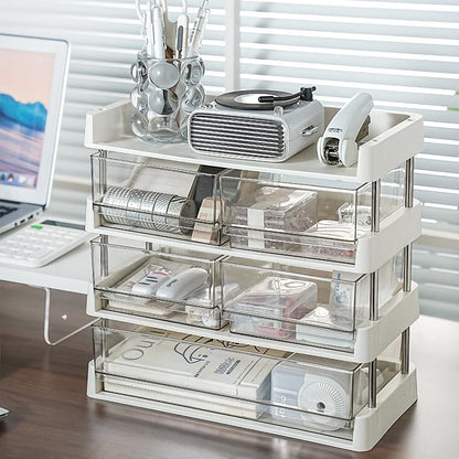 Modular Drawer Organizer, Stackable 3 Trays Come with 3 Drawers box for Tea Bags, Coffee Pods, Spices, Makeup, Office Supplies, Snacks, 12.7x6.7x8.7 inches Countertop Drawer Organizer