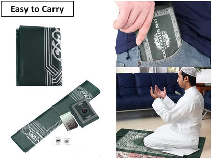 1 Piece Travel Prayer Mat with Compass,Muslim Prayer Carpet,with Compass Pocket Sized Carry Bag,Muslim Travel Prayer Mat and Attached Compass,Islamic Prayer Rug,Green