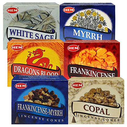 Hem Incense Cones Variety Pack #4 and Inscents-Cones Burner Holder with 6 Most Popular Fragrances - Dragons Blood, Frankincense, Myrrh - Total 60 Scented Cone Incense (6 Scents x 10 Conos) - color: Popular 6b