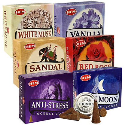Hem Incense Cones Variety Pack #6 and Cone Incense Burner Bundle with 6 Most Admired Fragrances - color: Popular 6d