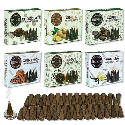 TRUMIRI Gourmet Incense Cones - Variety Pack - Total 60 Cone Incense (6 Scents x 10 Conos) - Vanilla, Cinnamon, Coffee, Chocolate, Clove, Ginger - Cone Incense Scents - Insense Cones - Incent Cone - color: Gourmet