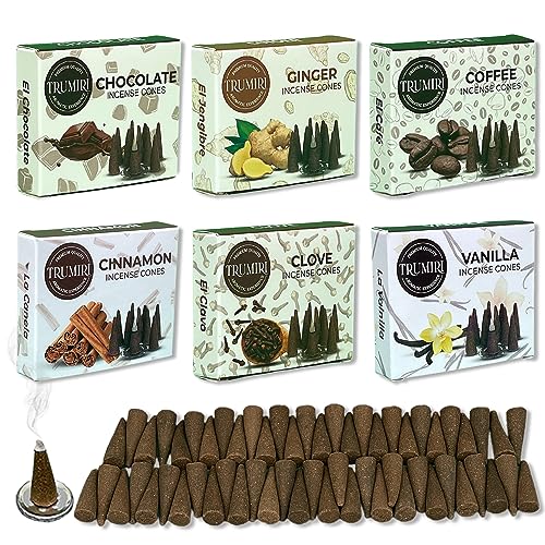 TRUMIRI Gourmet Incense Cones - Variety Pack - Total 60 Cone Incense (6 Scents x 10 Conos) - Vanilla, Cinnamon, Coffee, Chocolate, Clove, Ginger - Cone Incense Scents - Insense Cones - Incent Cone - color: Gourmet