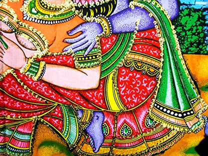 Radha Krishna Religious Cotton Batik Wall Hanging sequins Painting : Size 43"x30" Inches - color: Radha Krishna