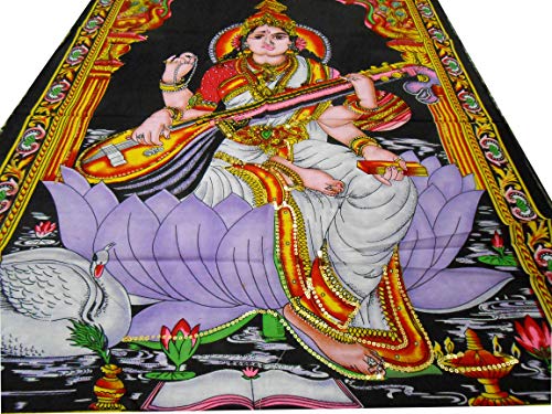 Goddess Saraswati batik sequins Cotton Wall Hanging yoga Painting : Size 43"x30" Inches - color: Saraswati
