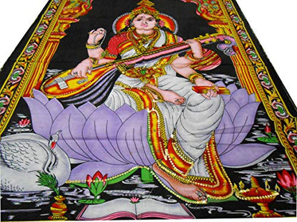 Goddess Saraswati batik sequins Cotton Wall Hanging yoga Painting : Size 43"x30" Inches - color: Saraswati