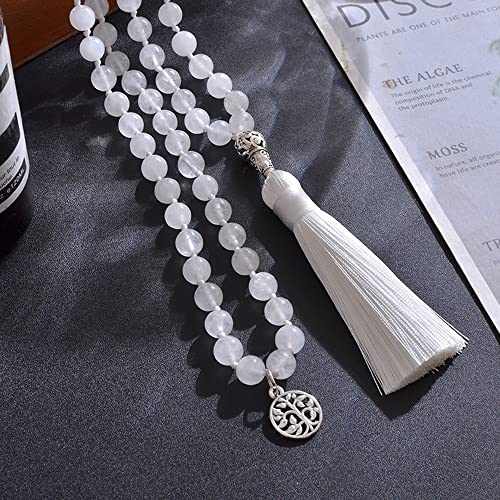 108 Mala Prayer Beads Necklace Natural Stones Meditation Yoga Jewery 108 Hand Knotted Japa Mala Beaded Long Tassel Necklace with Tree of Life Pendant for Men and Women - color: 8mm White Transparent Marble
