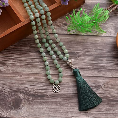 108 Mala Prayer Beads Necklace Natural Stones Meditation Yoga Jewery 108 Hand Knotted Japa Mala Beaded Long Tassel Necklace with Tree of Life Pendant for Men and Women - color: Burma jade