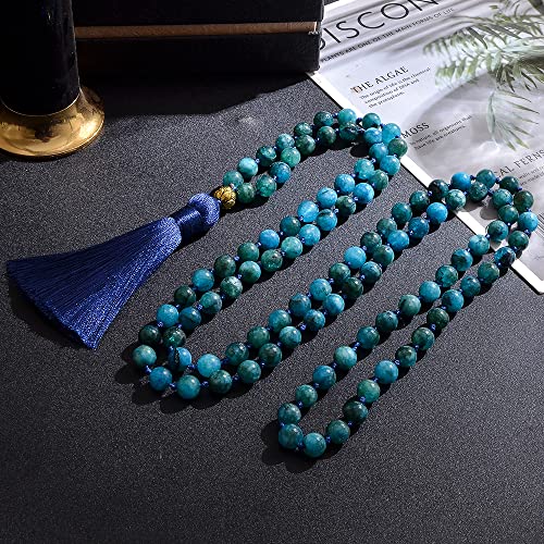 108 Mala Prayer Beads Necklace Natural Stones Meditation Yoga Jewery 108 Hand Knotted Japa Mala Beaded Long Tassel Necklace with Tree of Life Pendant for Men and Women - color: 8mm apatite