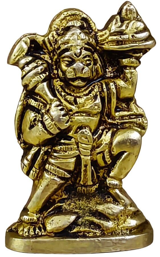 Brass Hanuman Ji Idol 2.5 Inches - Lord Bajrangbali Carrying Sanjivani Mountain, Miniature Solid Brass Statue for Home Puja, Office Desk & Auspicious Gifting - size: Flying Hanuman