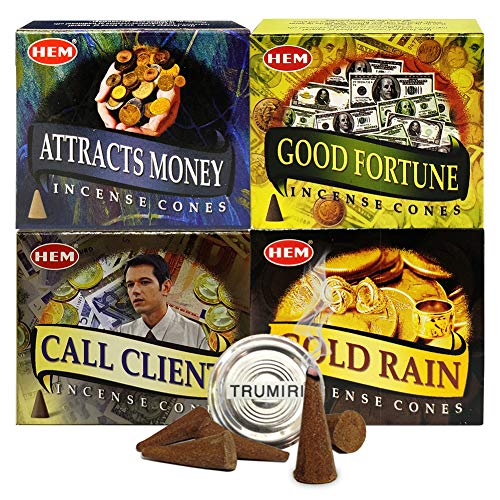 Hem Incense Cones Variety Pack #1 and Cone Incense Burner Bundle with 4 Money Luck and Business Themed Fragrances - color: Popular 4a
